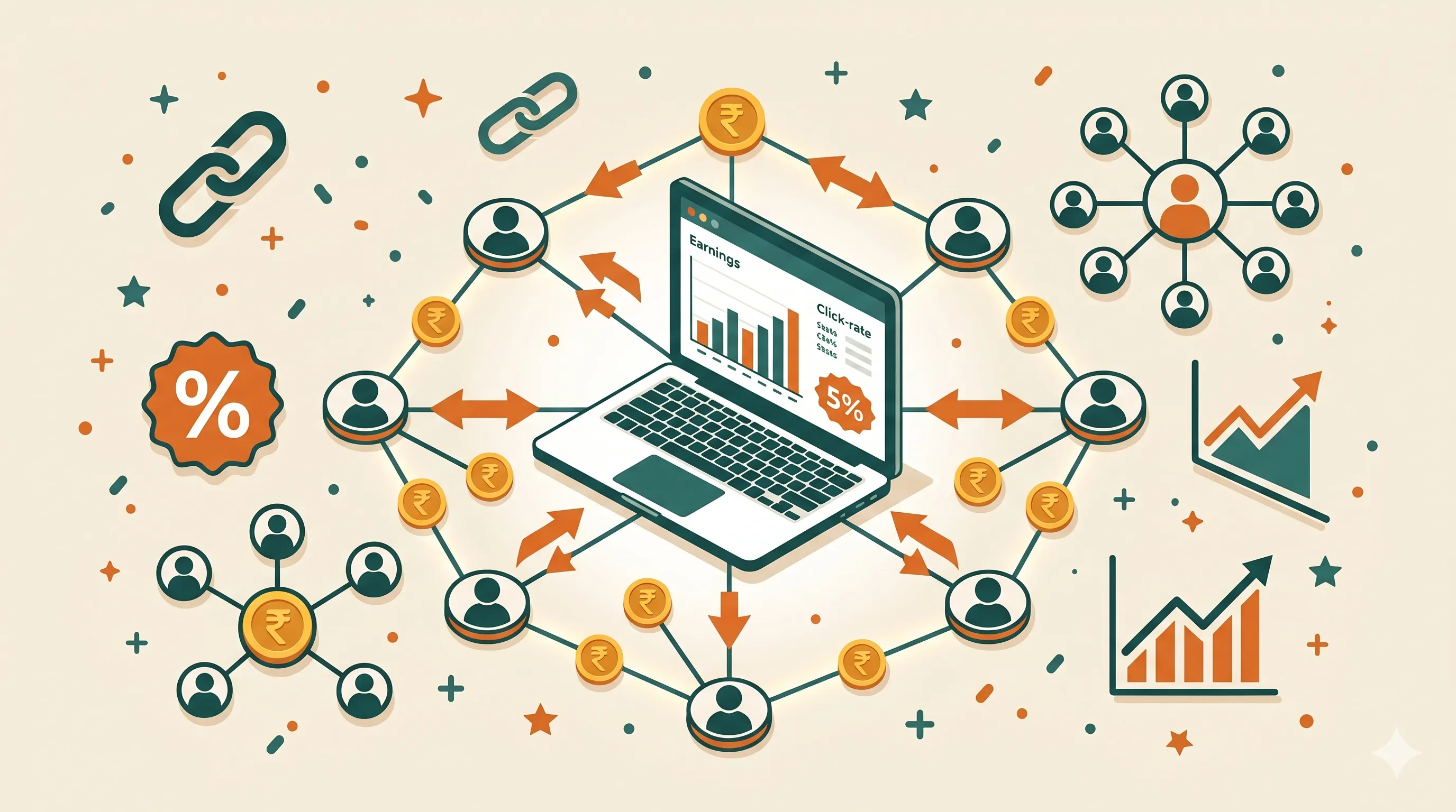 Flat vector illustration of affiliate marketing network and commission tracking