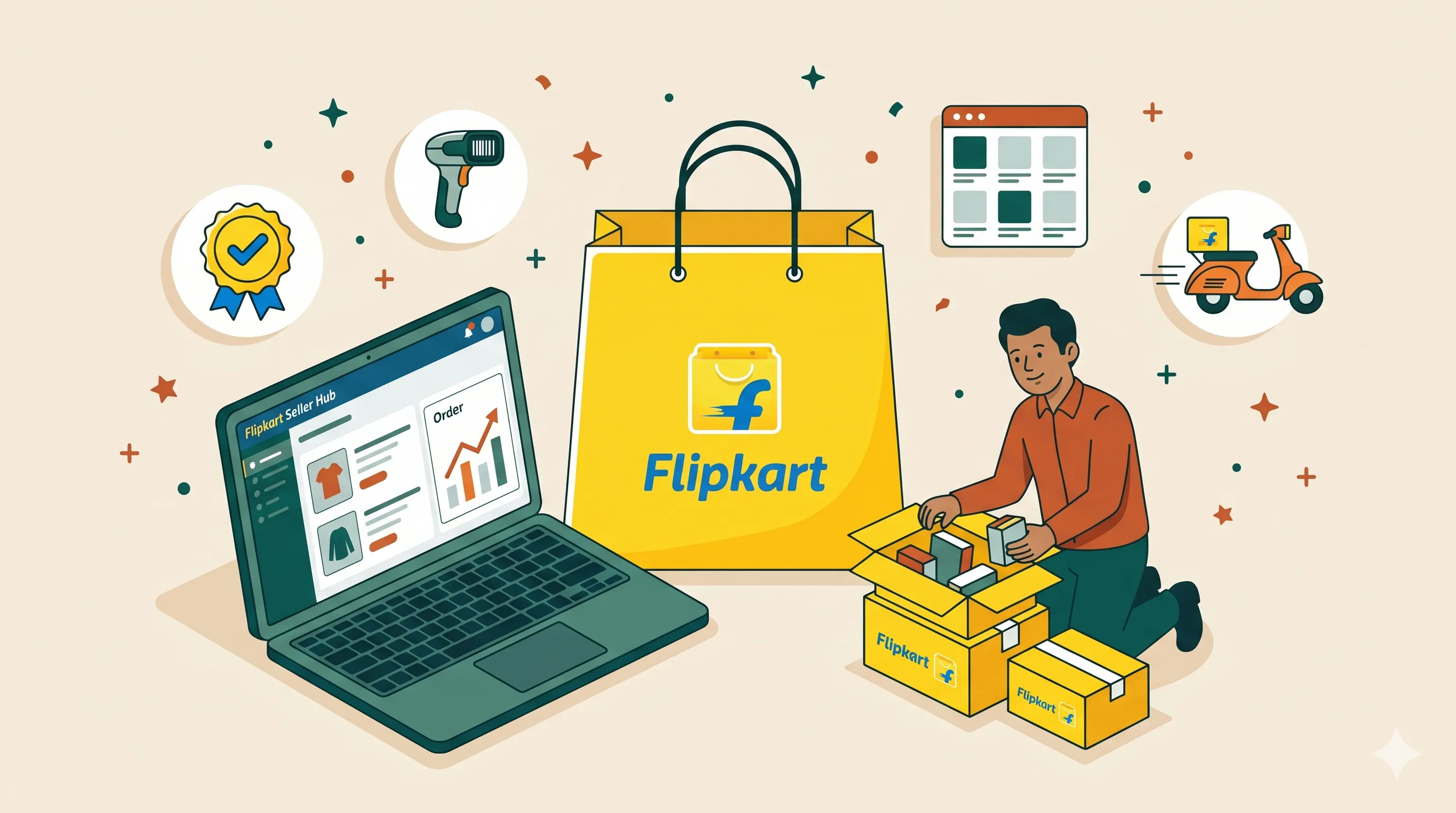 Flat vector illustration of Flipkart seller onboarding and product listing