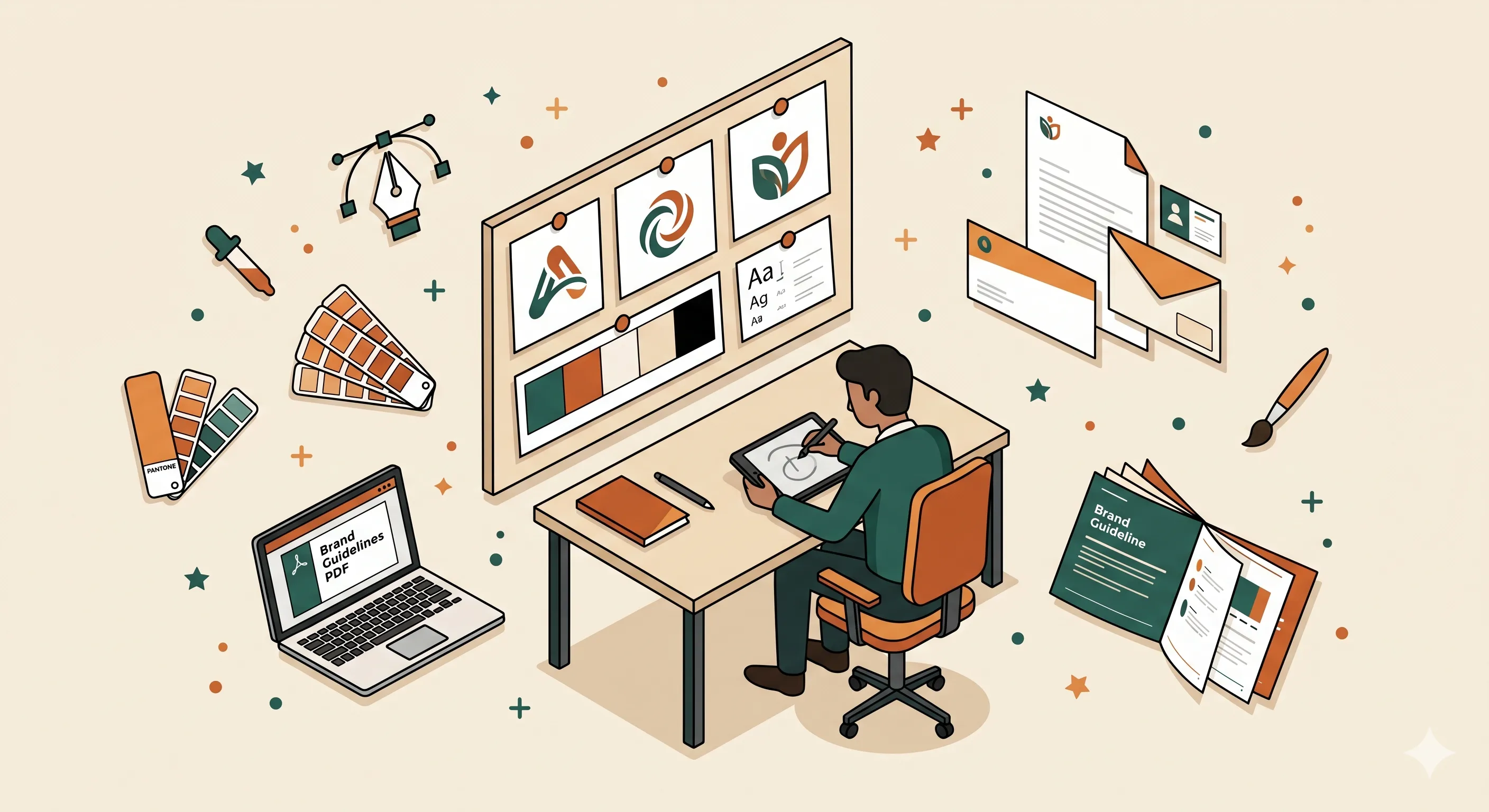 Flat vector illustration of logo design and brand identity creation